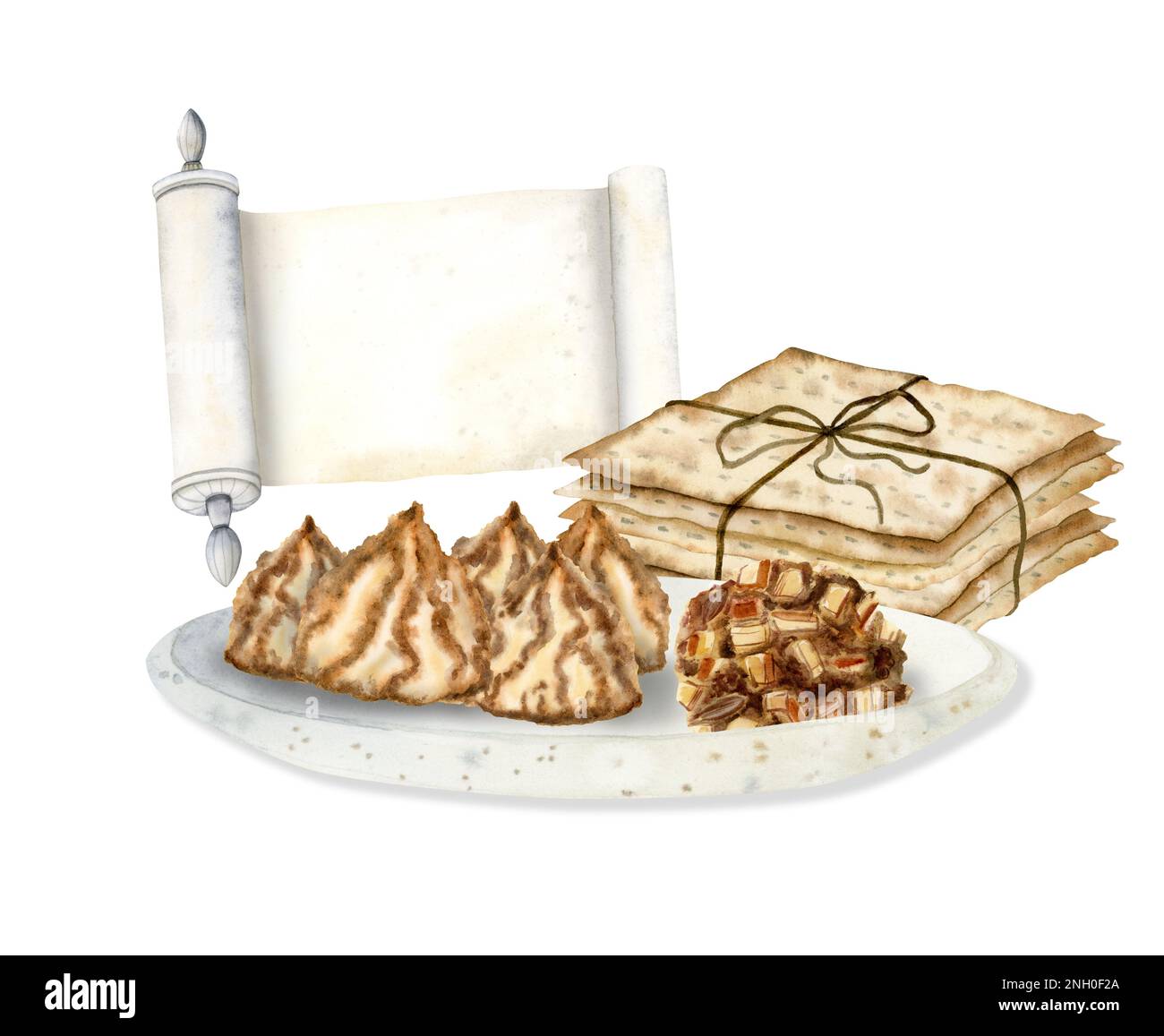 Watercolor Passover kosher pastries, matzah and coconut cookies