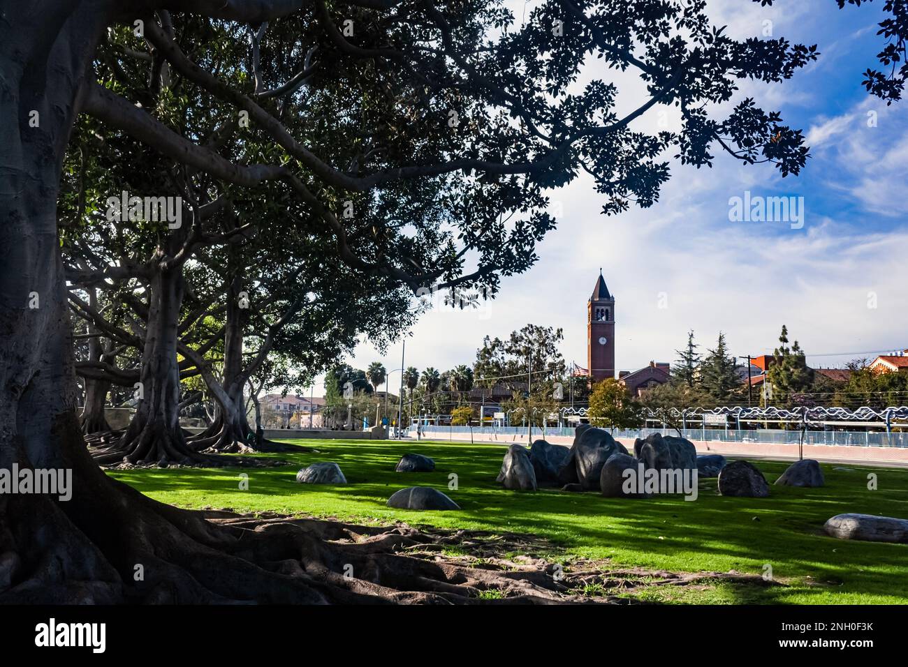 The clock tower of Mudd Hall of Philosophy at USC, the University of Southern California Stock Photo