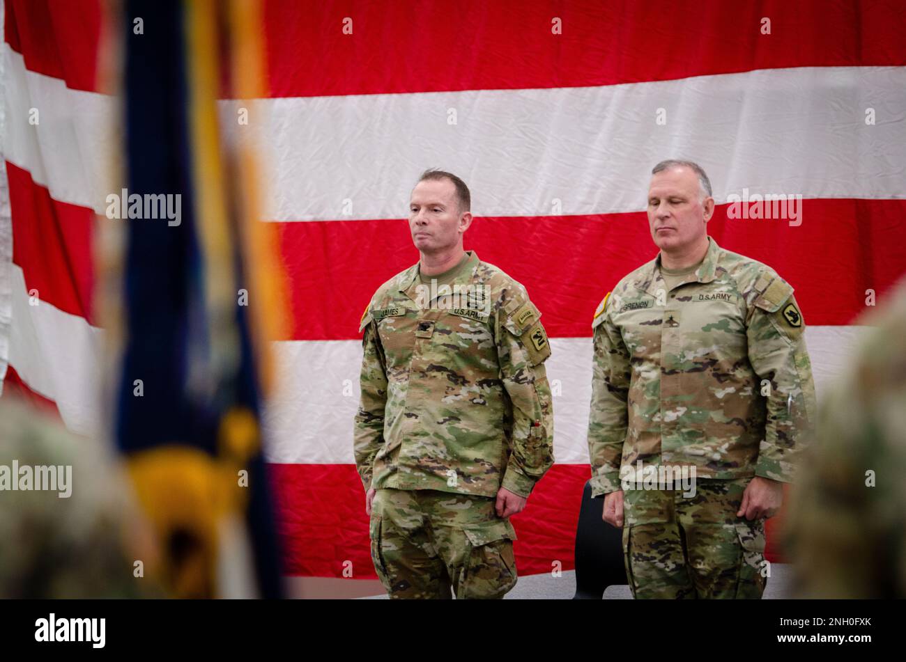 U.S. Army Col. Matthew James assumes command of the 81st Stryker Brigade Combat Team, Washington National Guard, from Col. James Perrin during a change of command ceremony on Camp Murray, Wash., December 4, 2022. In 2021, Perrin deployed as commander of Task Force Raven, the last U.S. task force to command a full nine-month rotation in the Joint Multinational Training Group-Ukraine. Stock Photo