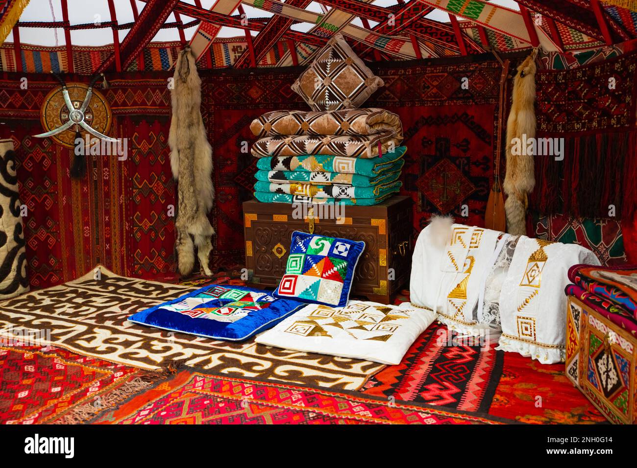 Interior and decoration of a traditional Kazakh yurt house inside, aul. Astana (NurSultan