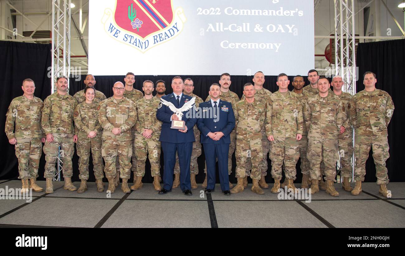 Brig. Gen. Rolf Mammen, 127th Wing Commander and members of the 127th Maintenance Group's Agile Combat Employment team, all based at Selfridge Air National Guard Base, Michgian, pose after receiving the Commander's Trophy. The ACE team and eight individuals were honored for outstanding performance in a variety of categories during the 2022 calendar year. Stock Photo