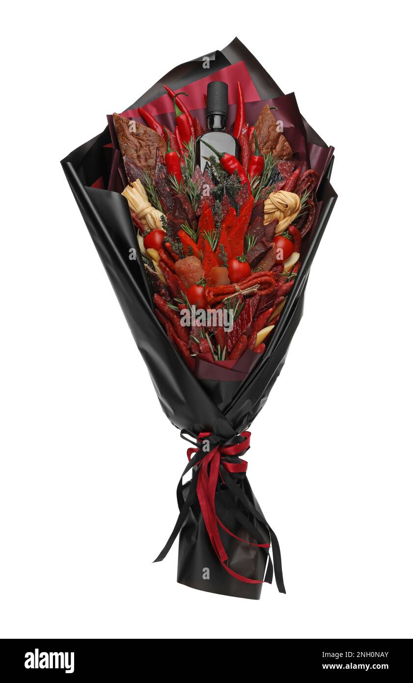 Beautiful edible bouquet with meat, cheese and vegetables isolated on