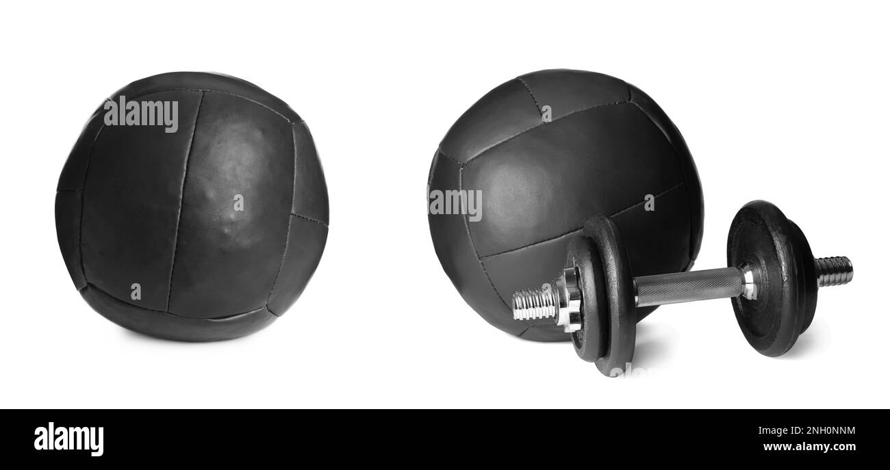 Medicine balls and dumbbell on white background, collage. Banner design