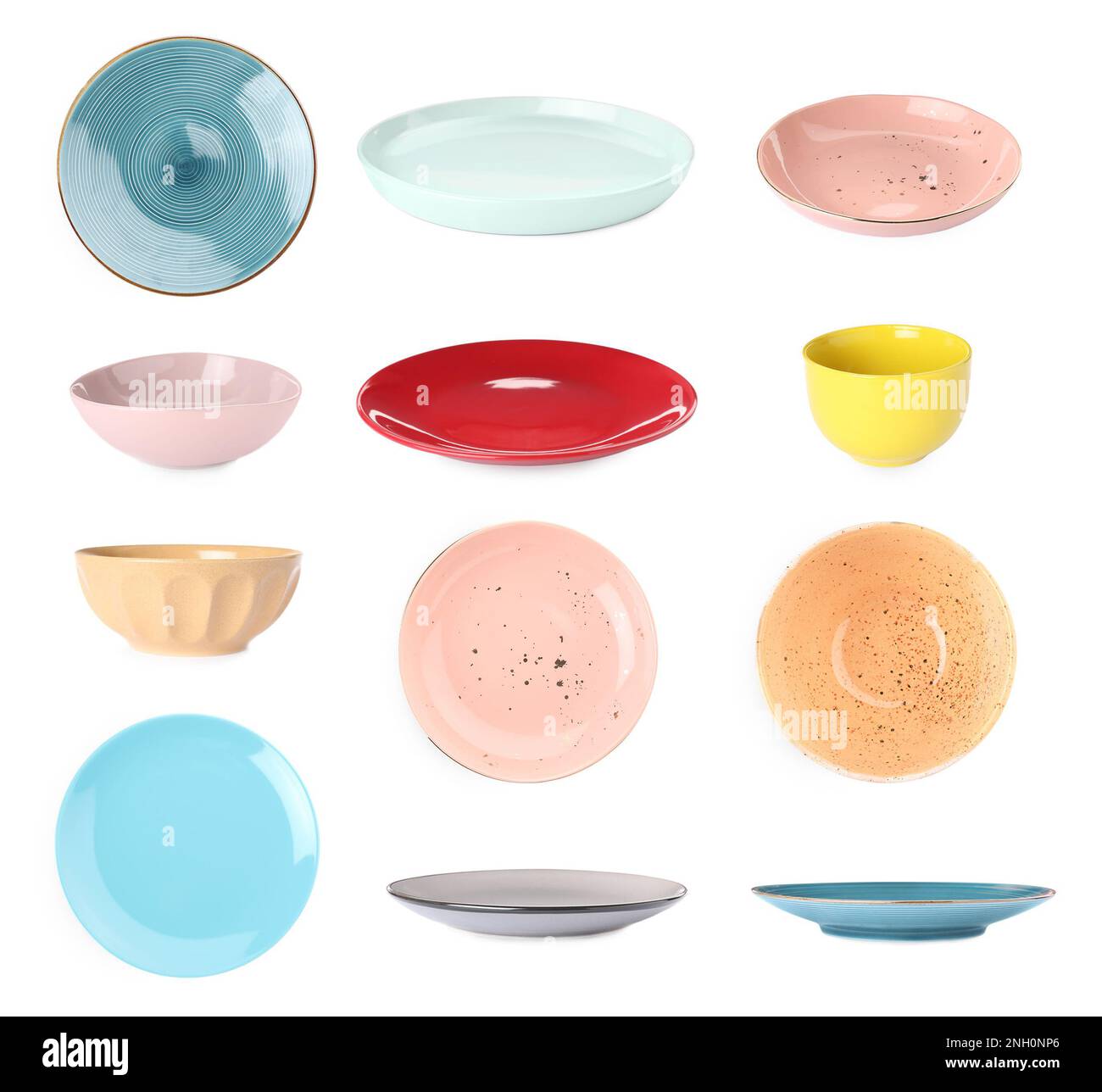 Set with empty ceramic plates and bowls on white background Stock Photo ...