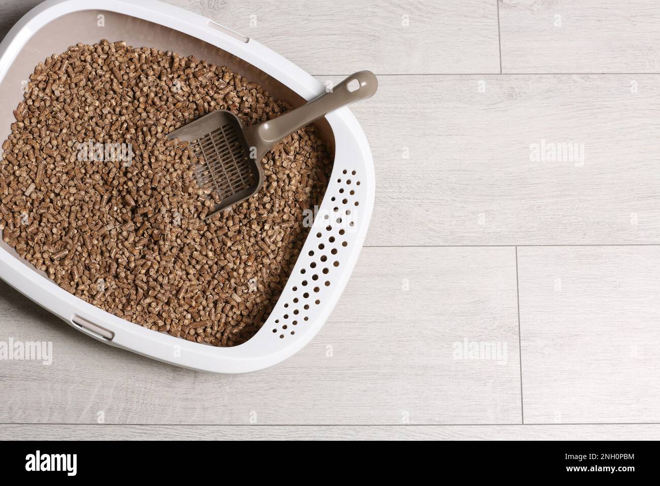 Cat tray with biodegradable litter and scoop on wooden floor, top view