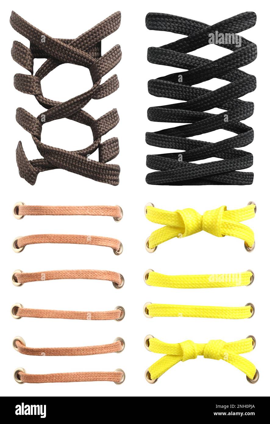 Different color shoe laces on white background, collage Stock Photo Alamy