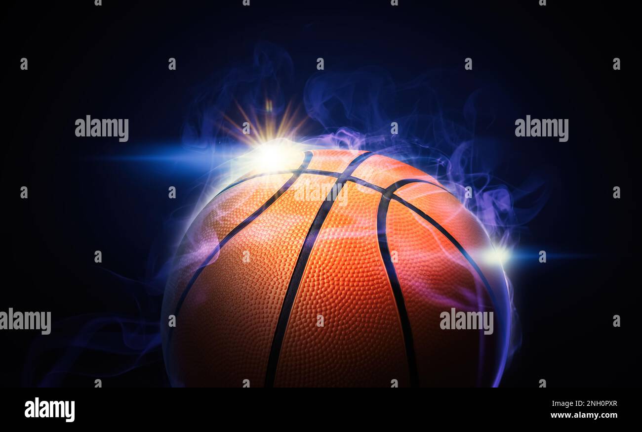 Basketball ball and smoke on black background, closeup. Banner design Stock Photo