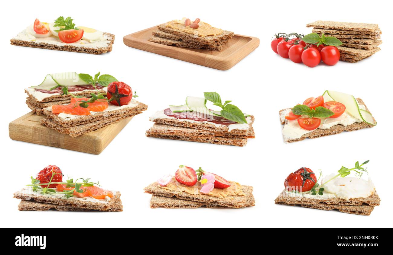 Fresh rye crispbreads with different toppings on white background ...