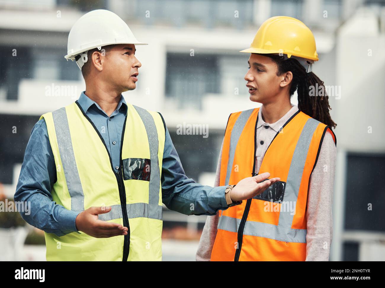 Teamwork, engineering and planning with people on construction site for ...