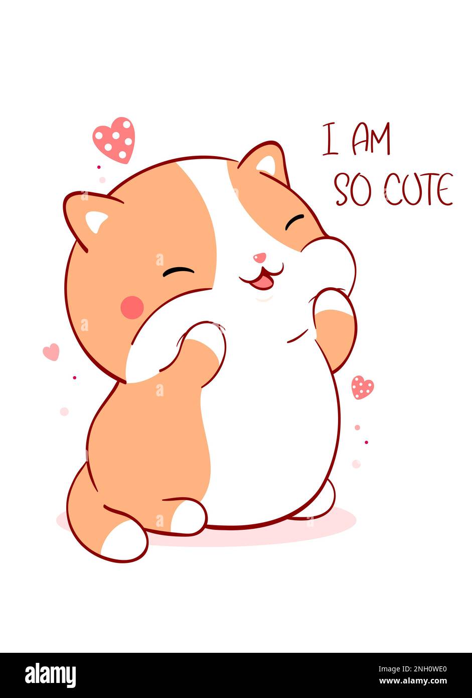 Valentine card with cute fat cat kawaii style. A little kitten plays and laughs. Inscription I am so cute. Can be used for t-shirt print, stickers, gr Stock Photo
