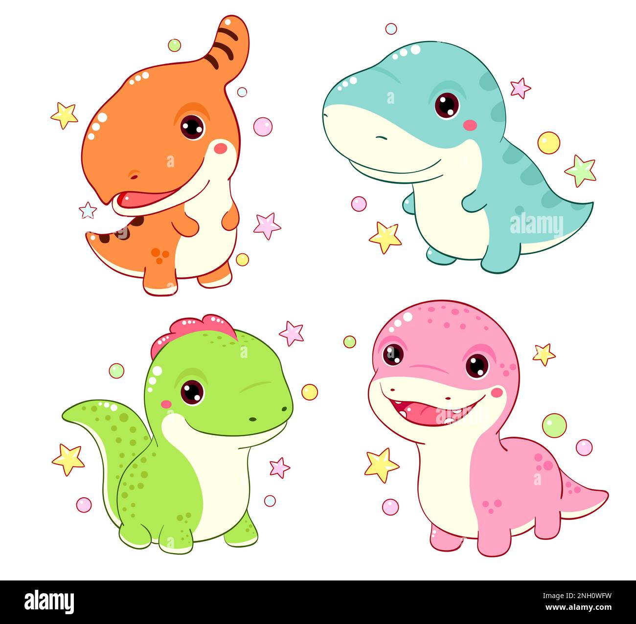 Set Of Cute Dino In Kawaii Style Collection Of Smiling Cartoon 