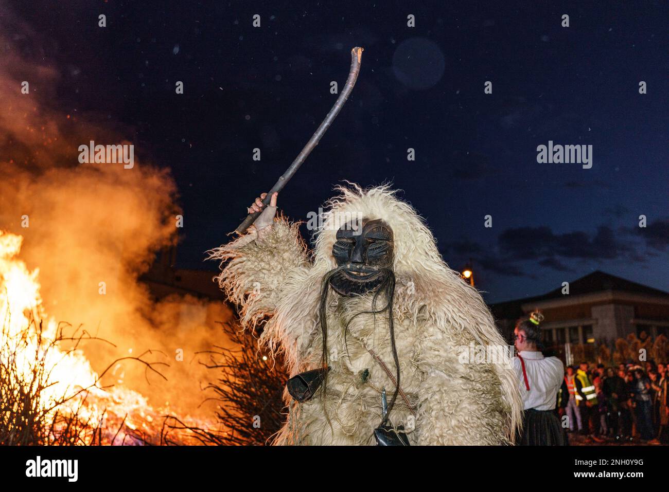 MOHACS, HUNGARY - FEBRUARY 19: Busojaras carnival. Unidentified person wearing mask for spring greetings. February 19, 2023 in Mohacs, Hungary. Stock Photo