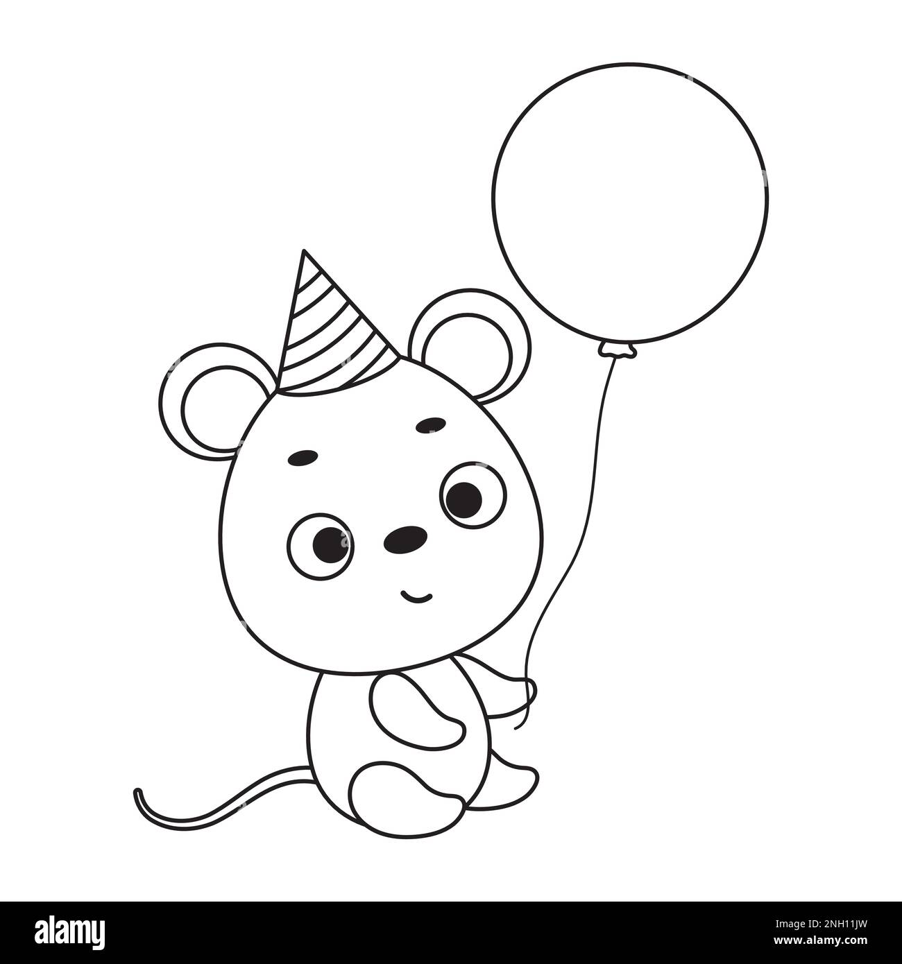 Coloring page cute little mouse in birthday hat hold balloon. Coloring ...