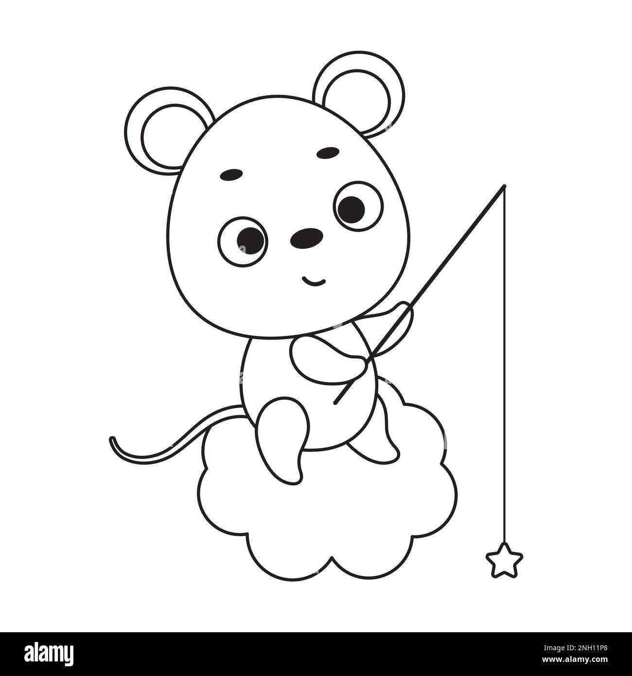 Coloring page cute little mouse fishing star on cloud. Coloring