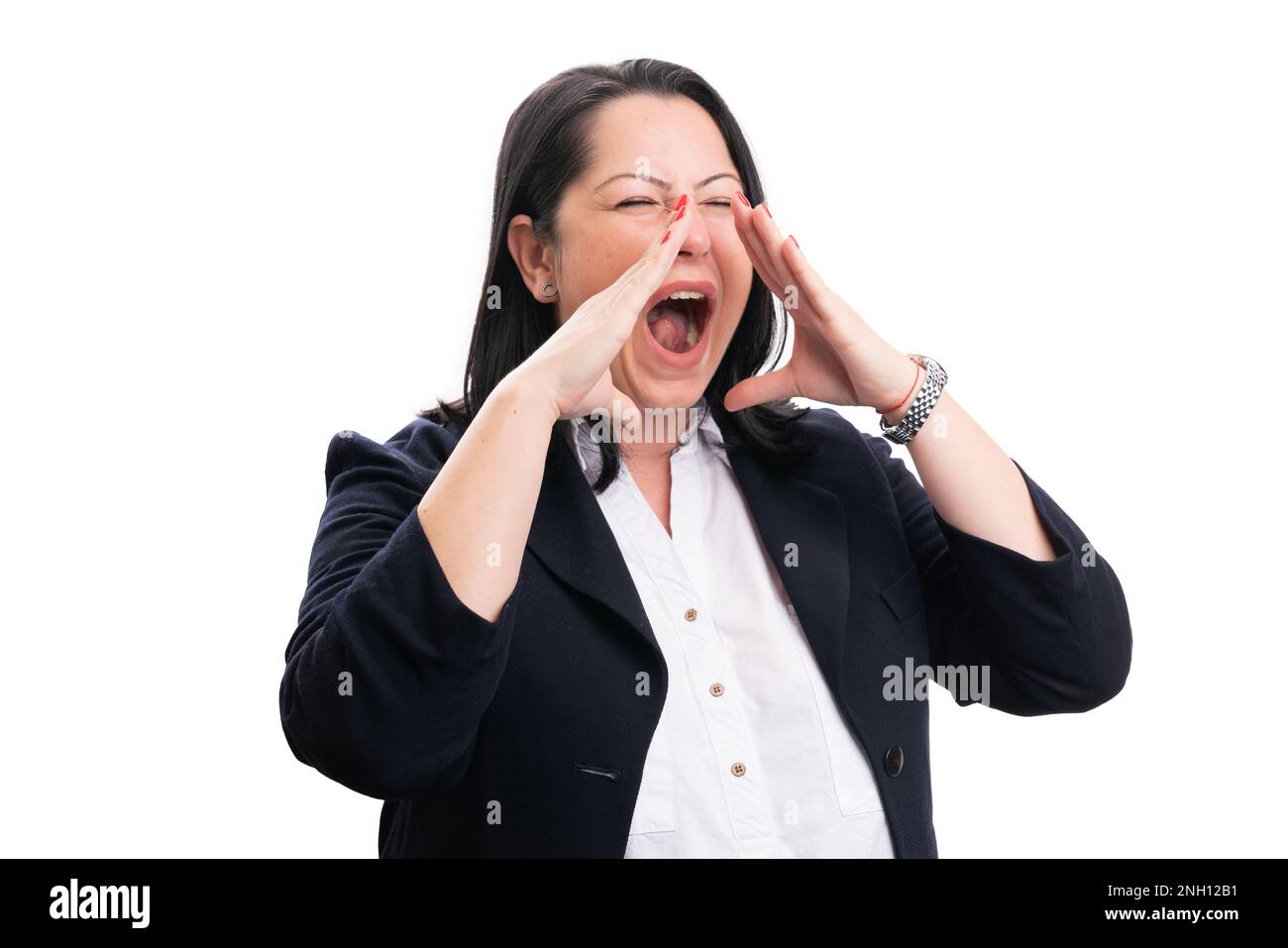 Adult entrepreneur woman model making shouting gesture using hands around mouth with blank copyspace wearing office clothing isolated on white backgro Stock Photo