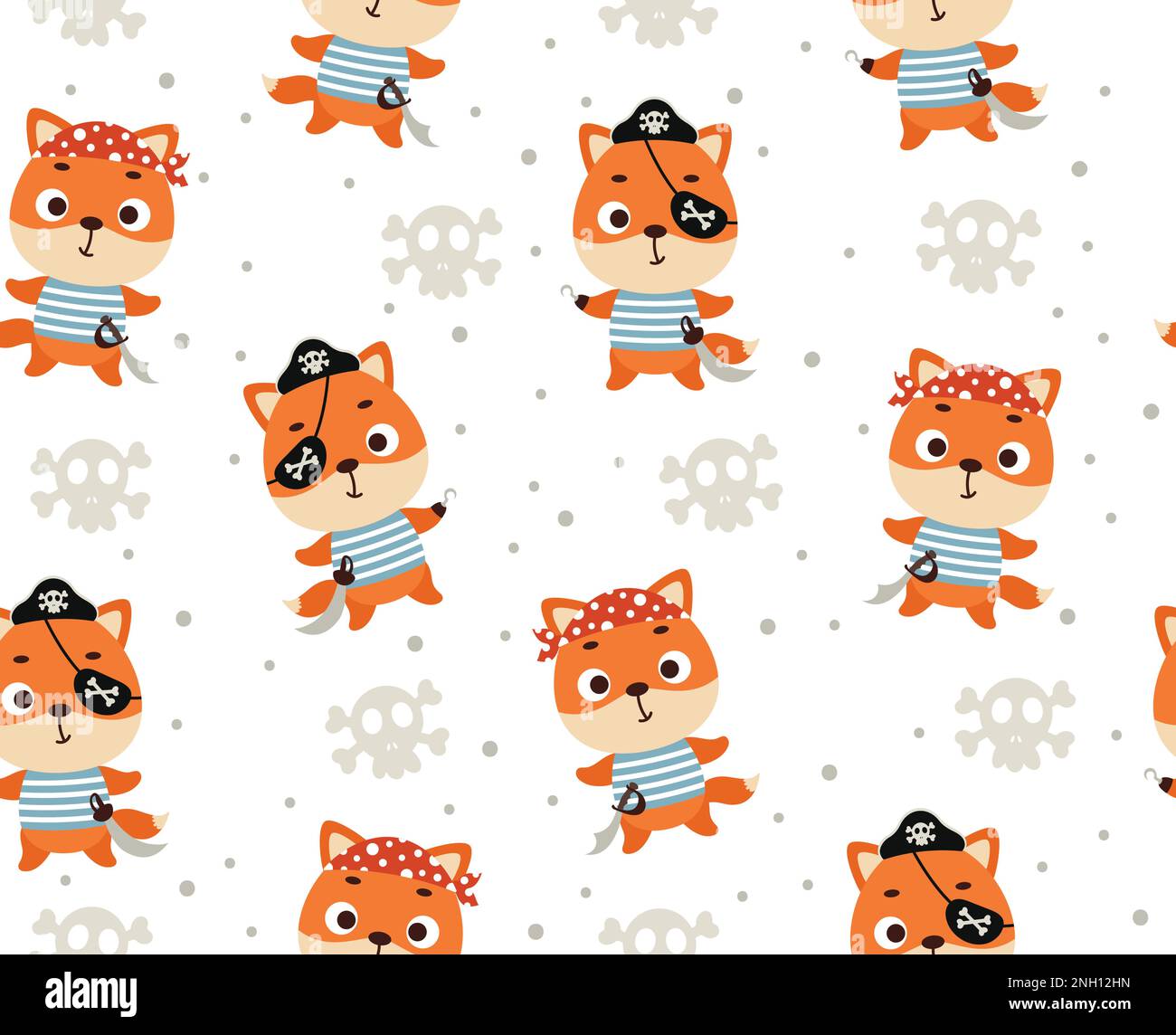 Cute little pirate fox seamless childish pattern. Funny cartoon animal ...