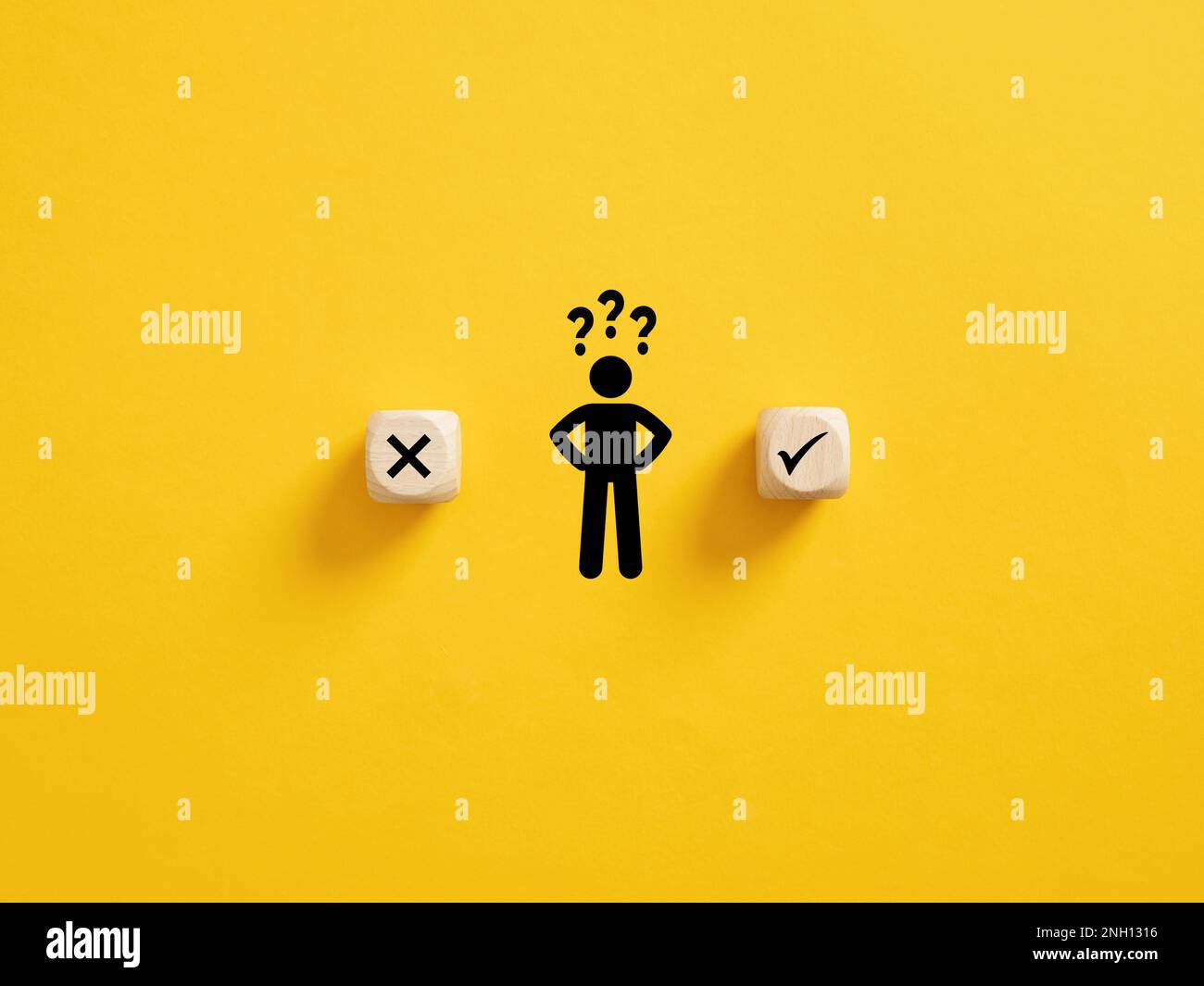Decision making and choosing between the right and wrong. Confusion about to accept or to reject. Stickman with question mark standing in between the Stock Photo