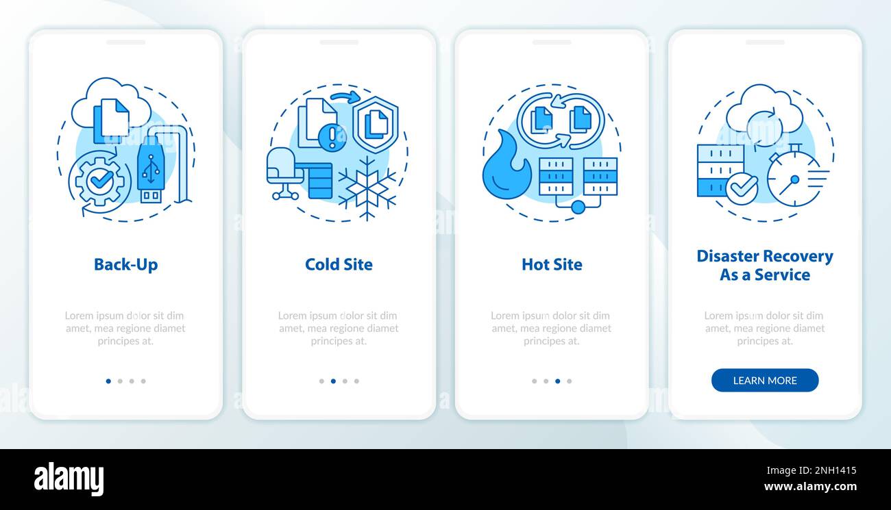 Types of disaster recovery blue onboarding mobile app screen Stock ...