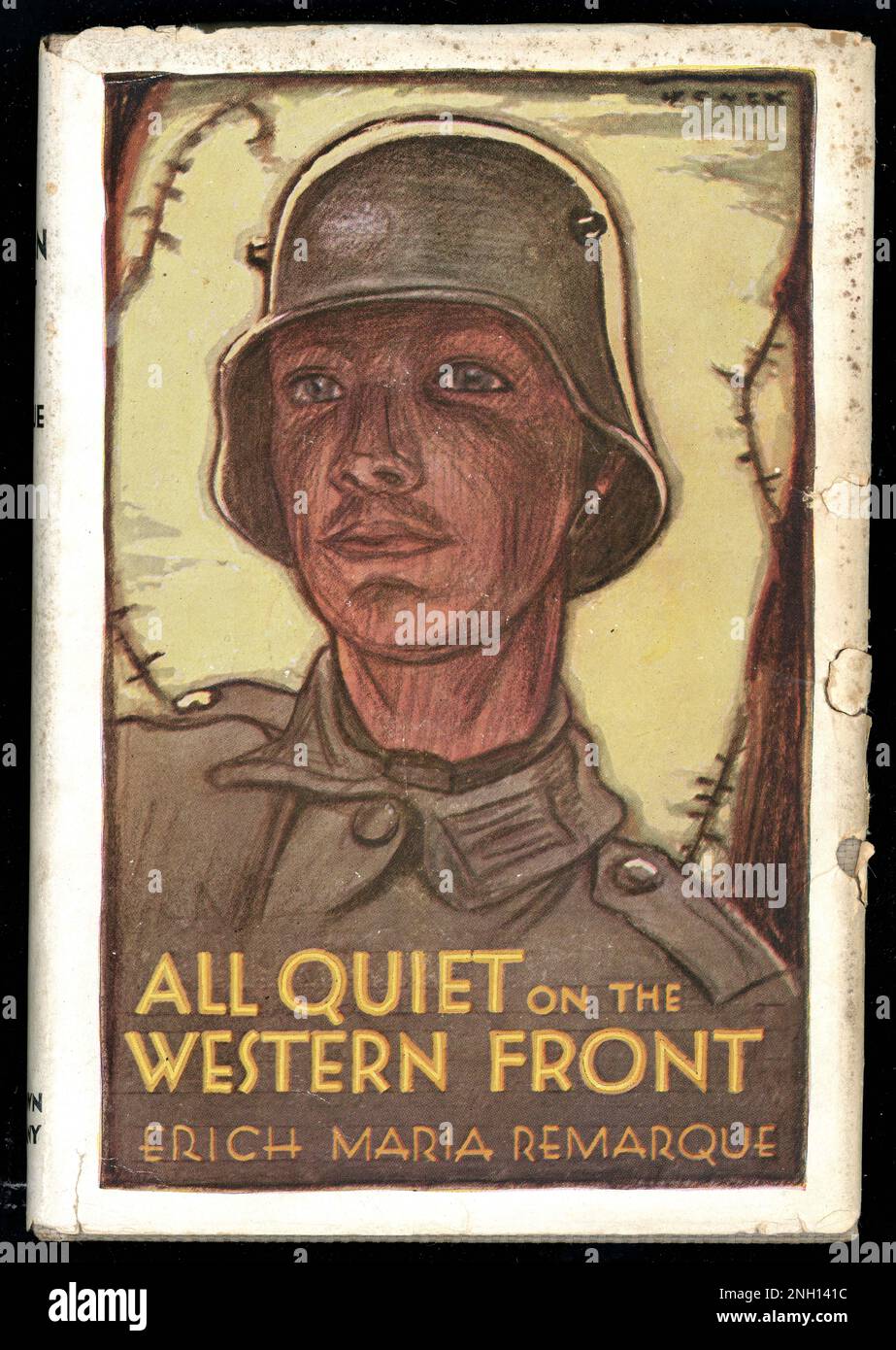 Original tattered book cover of All /dust jacket - entitled All Quiet on the Western Front by Eric Maria Remarque, illustration by Paul Wenck. This American edition was published in 1929 Stock Photo