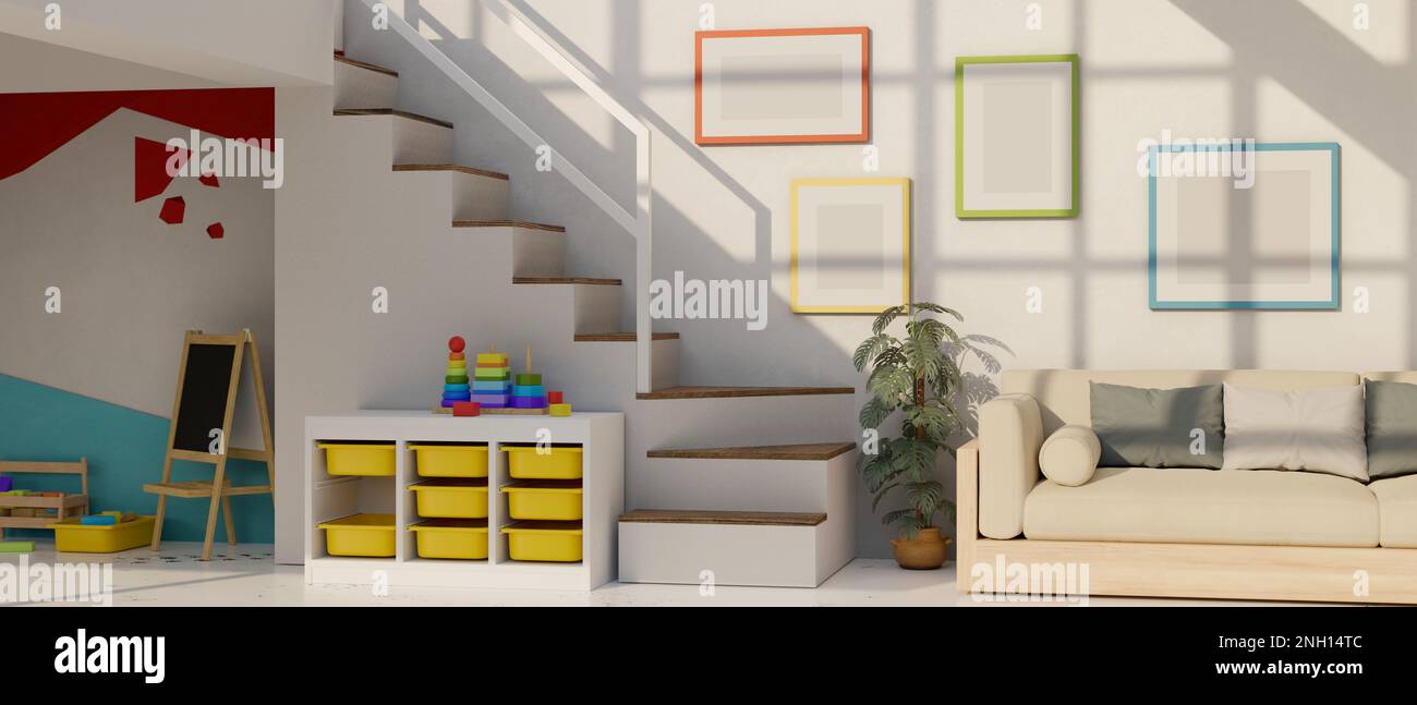 Minimal and comfortable home living room with kids playroom and