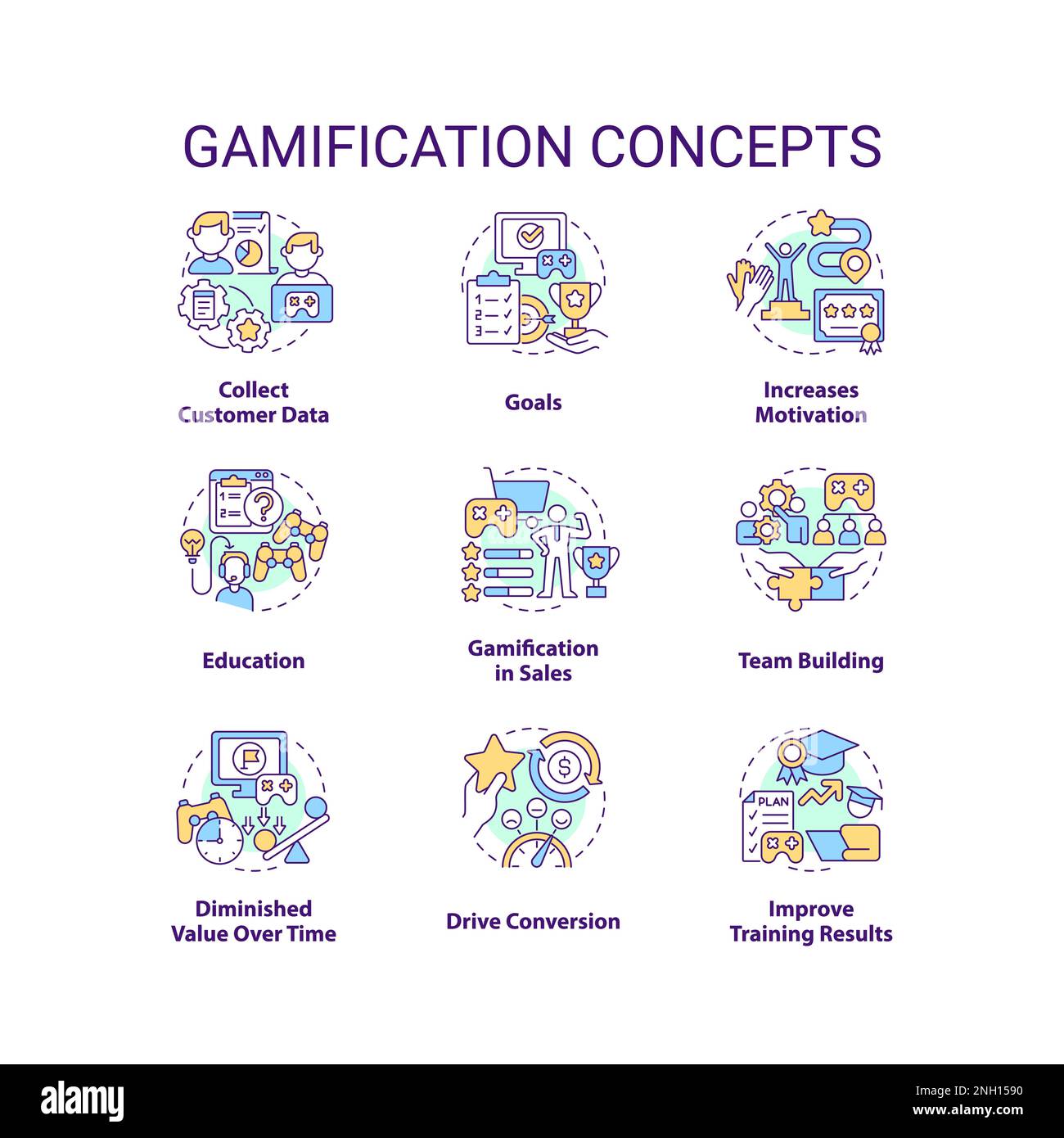 Gamification concept icons set Stock Vector