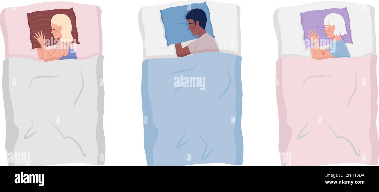 Sleeping people cuddling pillows semi flat color vector characters set Stock Vector