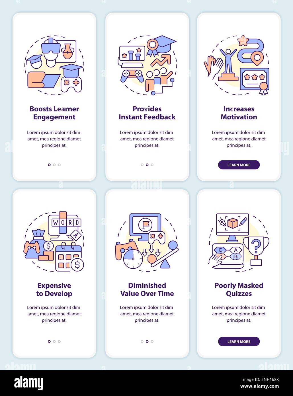 Gamification pros and cons onboarding mobile app screens set Stock ...