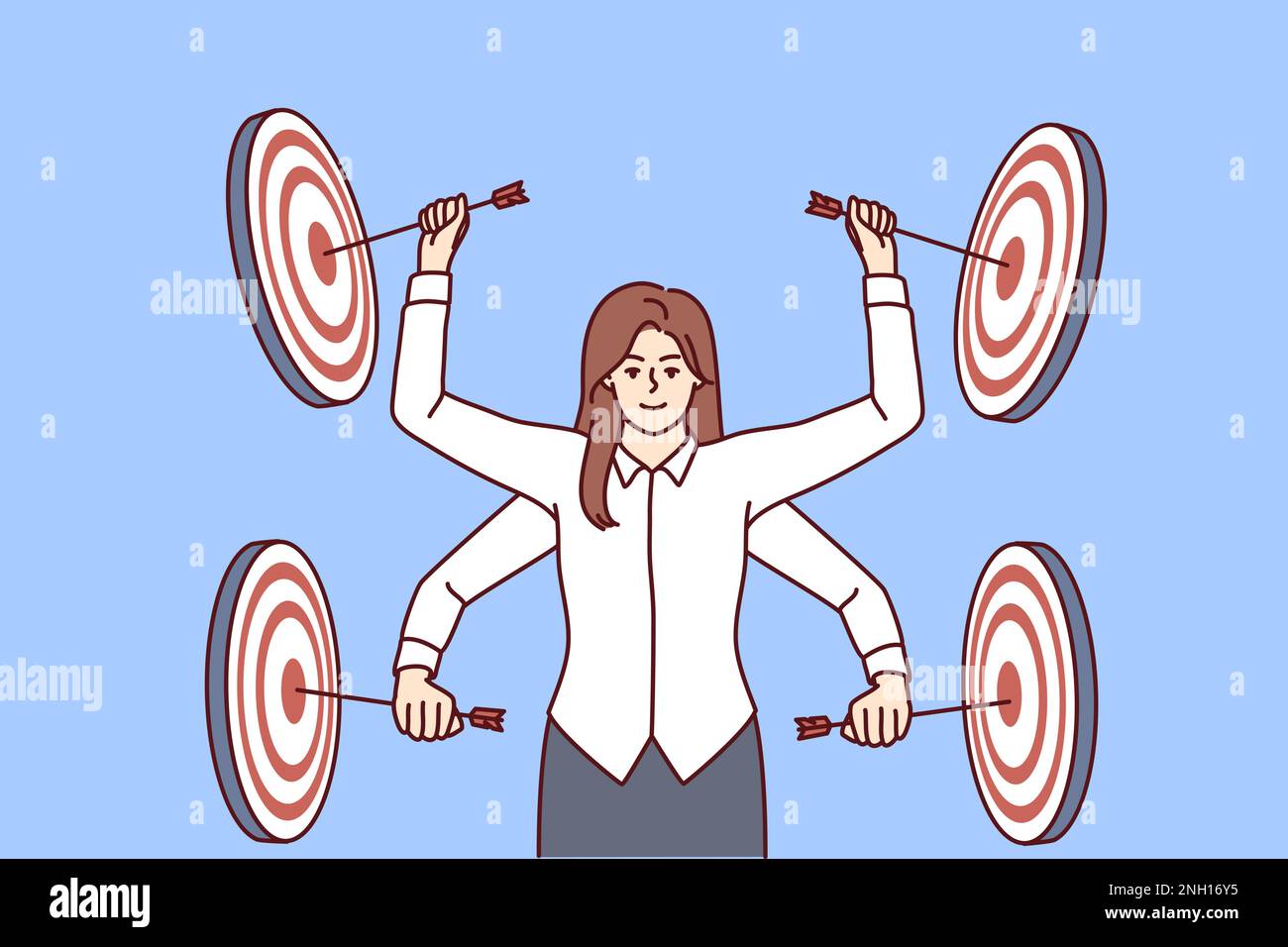 Professional multi-armed woman manager strikes performs several business goals at same time multitasking. girl among targets for darts symbolizes concentration on professional skills and goals  Stock Vector