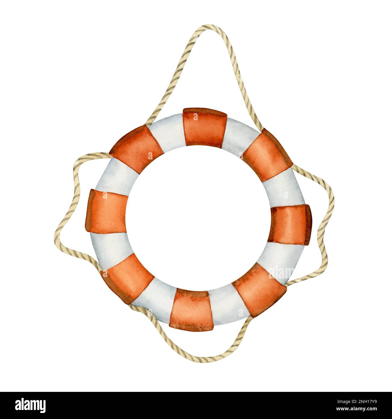 Watercolor life preserver or lifering, hanging on rope. Nautical