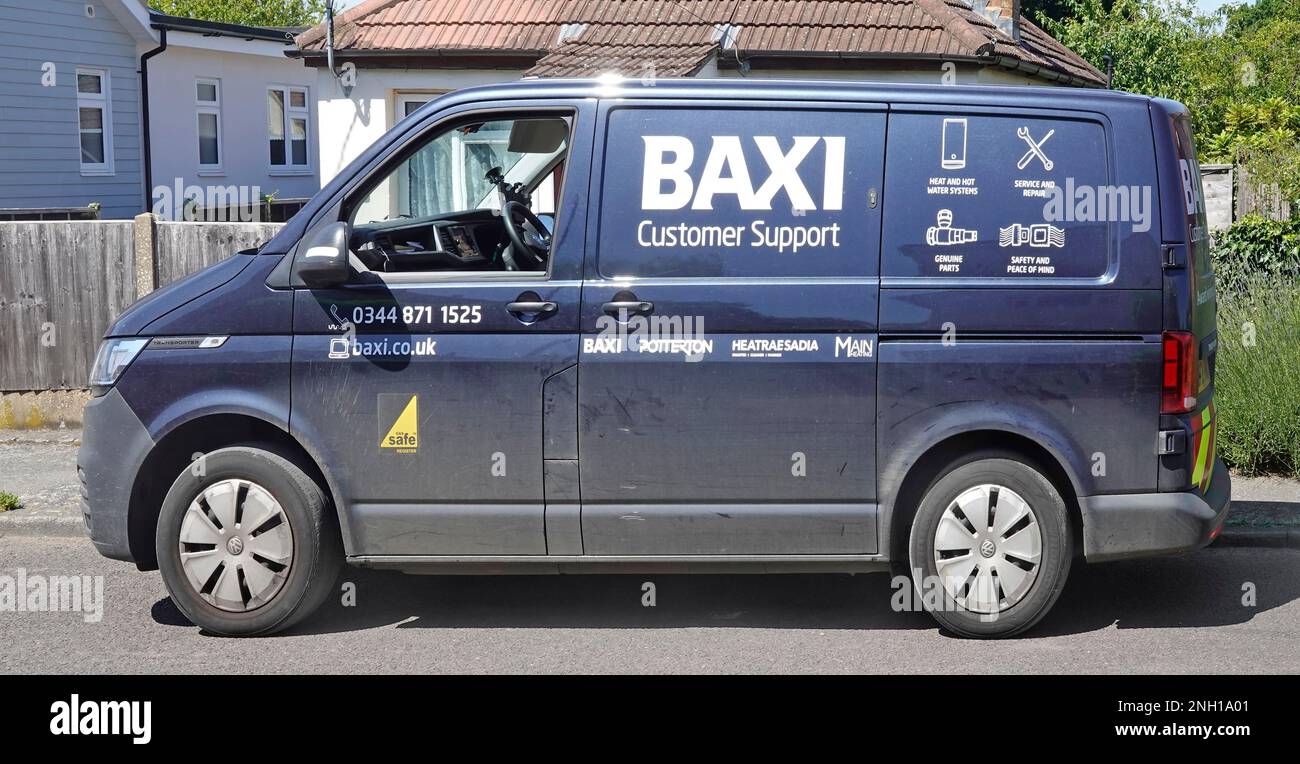 Baxi gas safe engineer blue Volkswagen VW van parked in residential road bringing customer support service & repairs to boiler owners Essex England UK Stock Photo