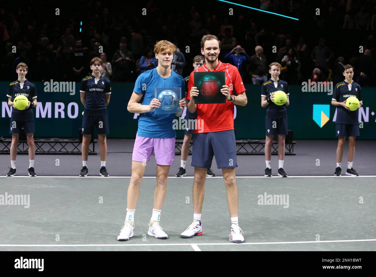 February 19, 2023, Rome, Netherlands Winner Daniil Medvedev of Russia and runner up Jannik Sinner of Italy after the final of the ABN Amro Open 2023, ATP 500 tennis tournament on February