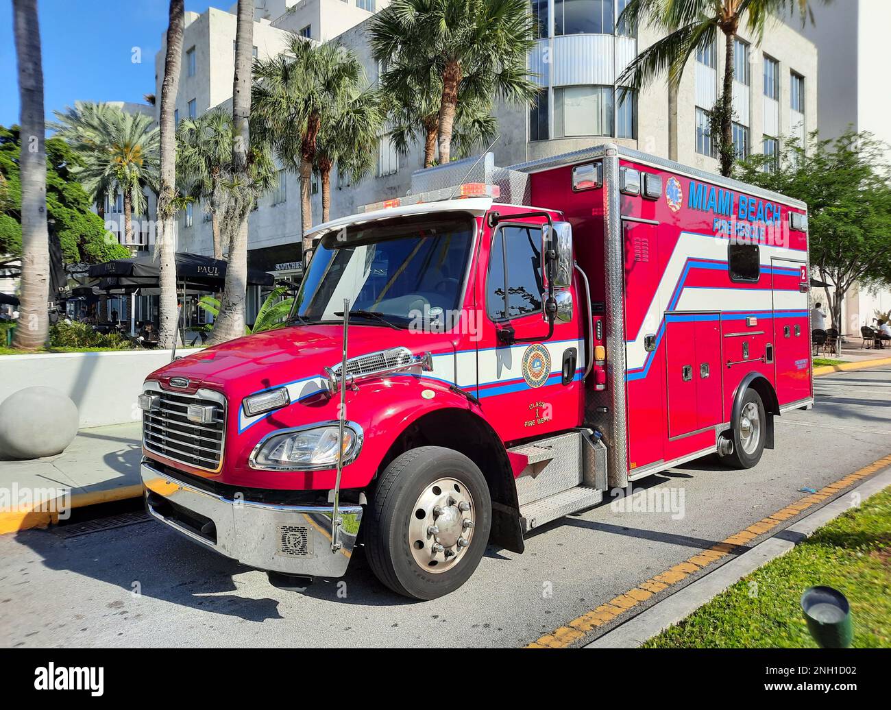 Los Angeles, California USA - March 24, 2021: red miami beach fire rescue car corner view Stock Photo