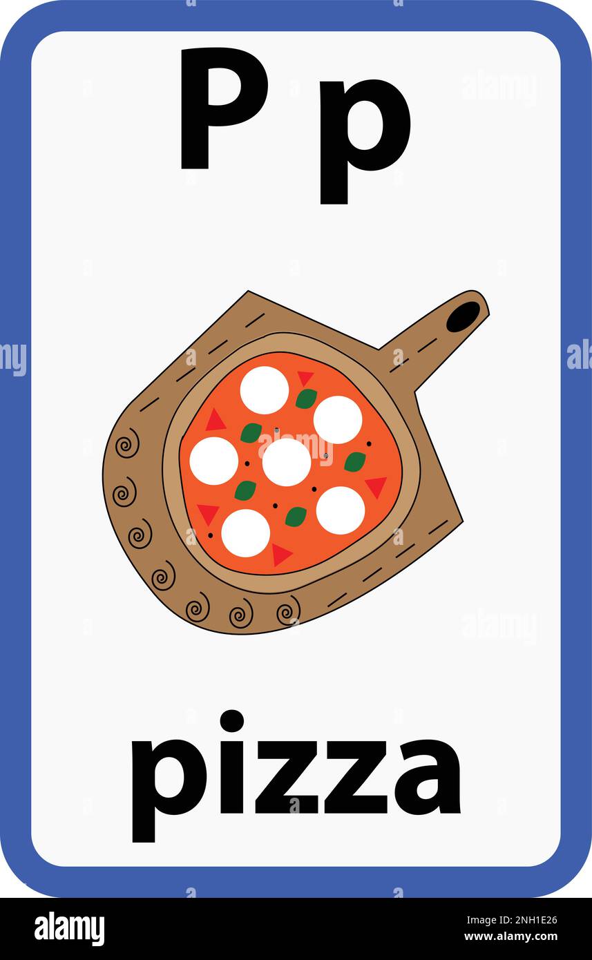 Alphabet flashcard for children with the letter p from pizza Stock Vector