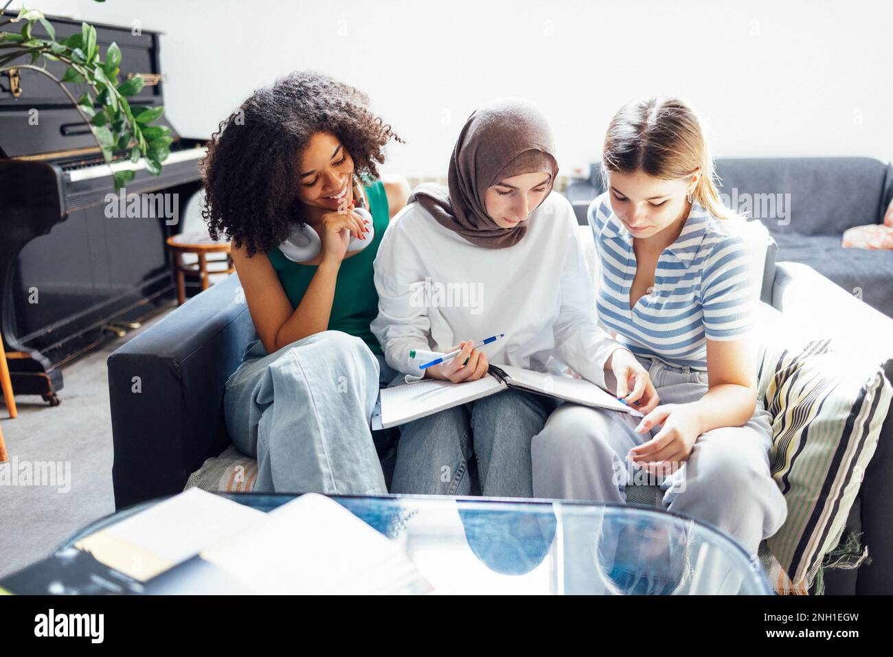 Three cute teenage girls do their homework. Caucasian, African American ...