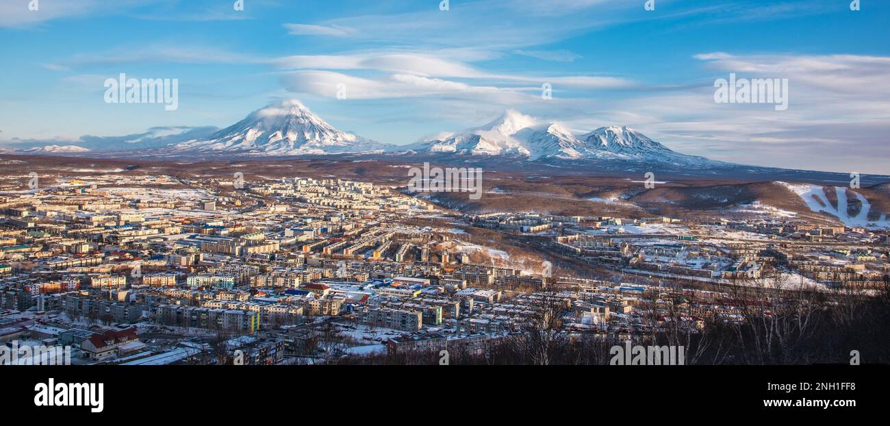 Petropavlovsk-Kamchatsky Hills and Volcanoes, with its city Stock Photo