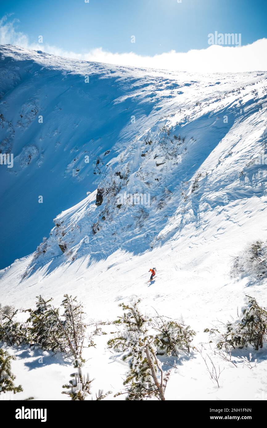 Snowy Tuckerman Ravine With Skier Descending Right Gully Stock Photo