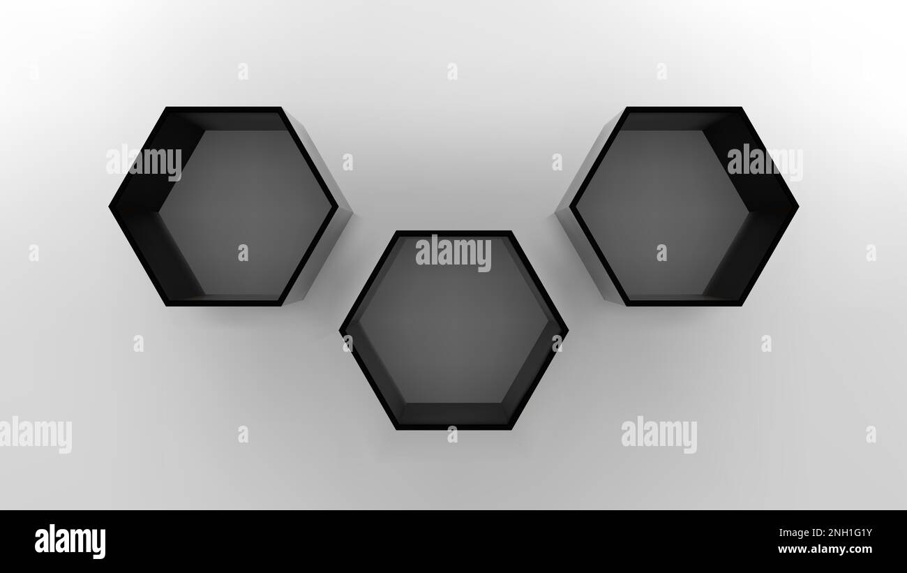 Empty black hexagon shelves on white wall 3D mockup Stock Vector