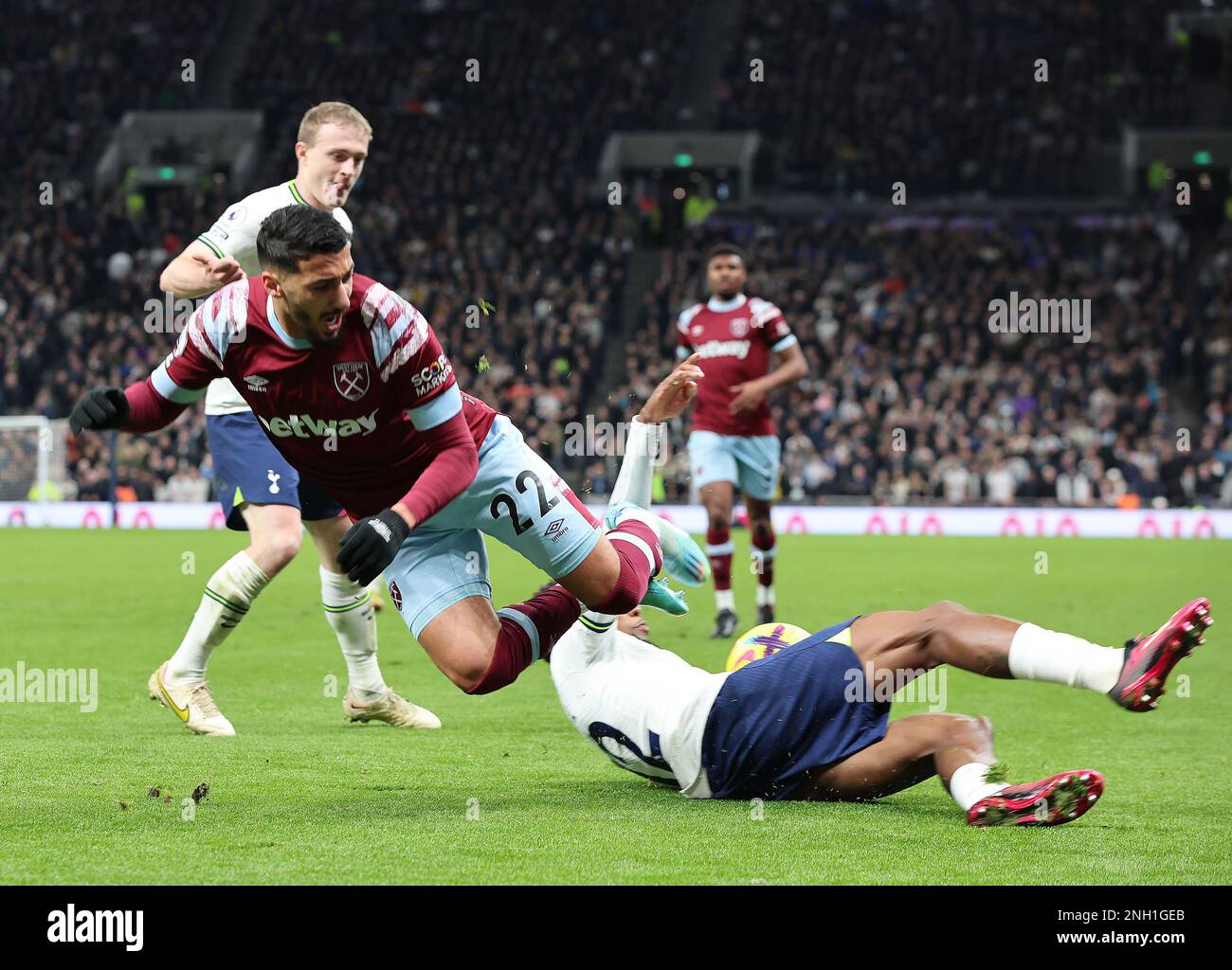 West Ham United s Said Benrahma gets tackled by Tottenham