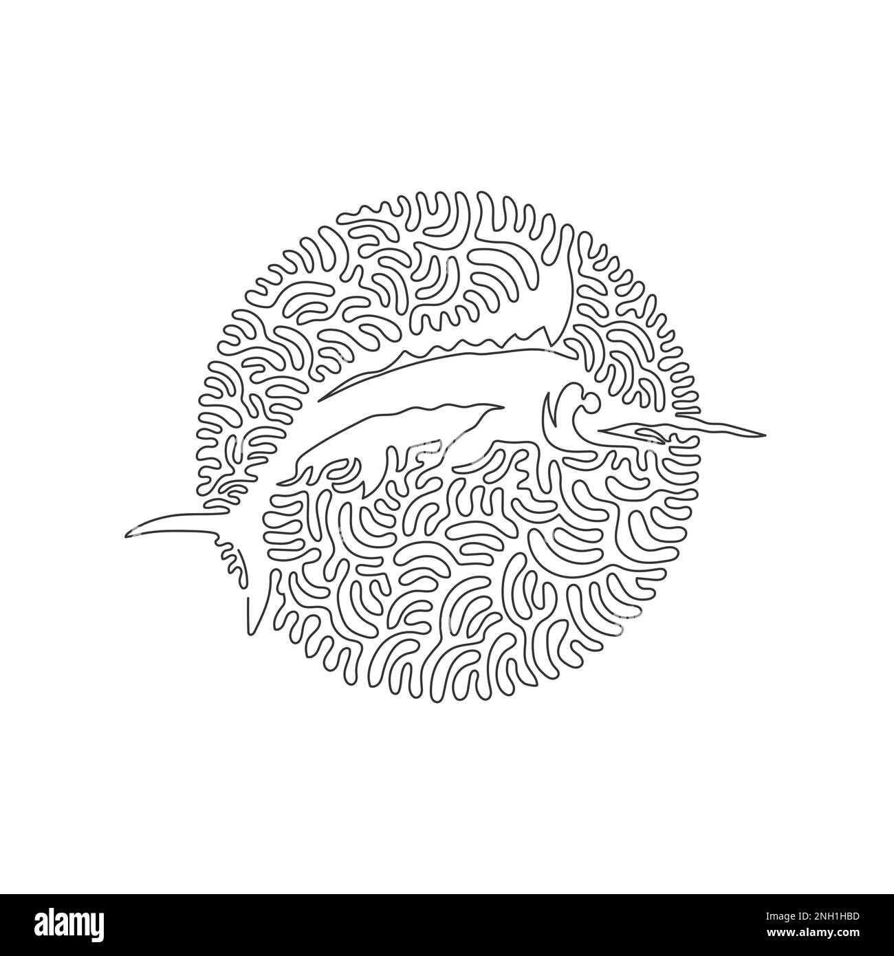 Single swirl continuous line drawing of marlin long dorsal fin abstract art. Continuous line draw design vector illustration style of marlin Stock Vector