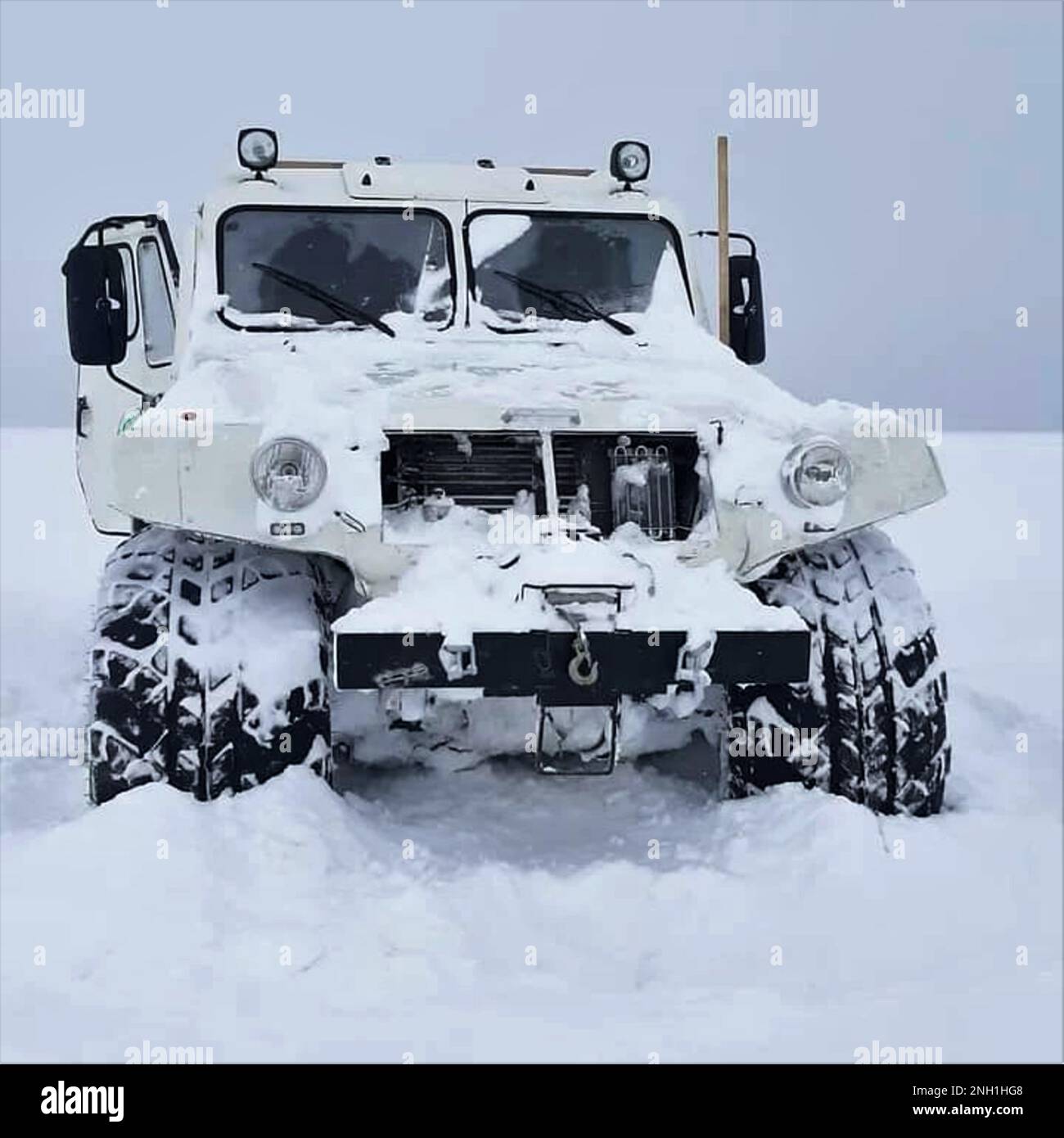 Russian trekol vehicle on snow tour. Stock Photo