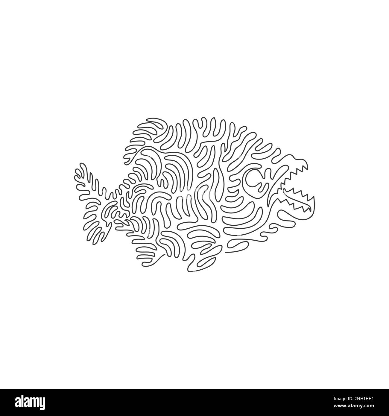 Continuous one line drawing of carnivorous fish curve abstract art. Single line editable stroke vector illustration of sharp teeth piranha Stock Vector