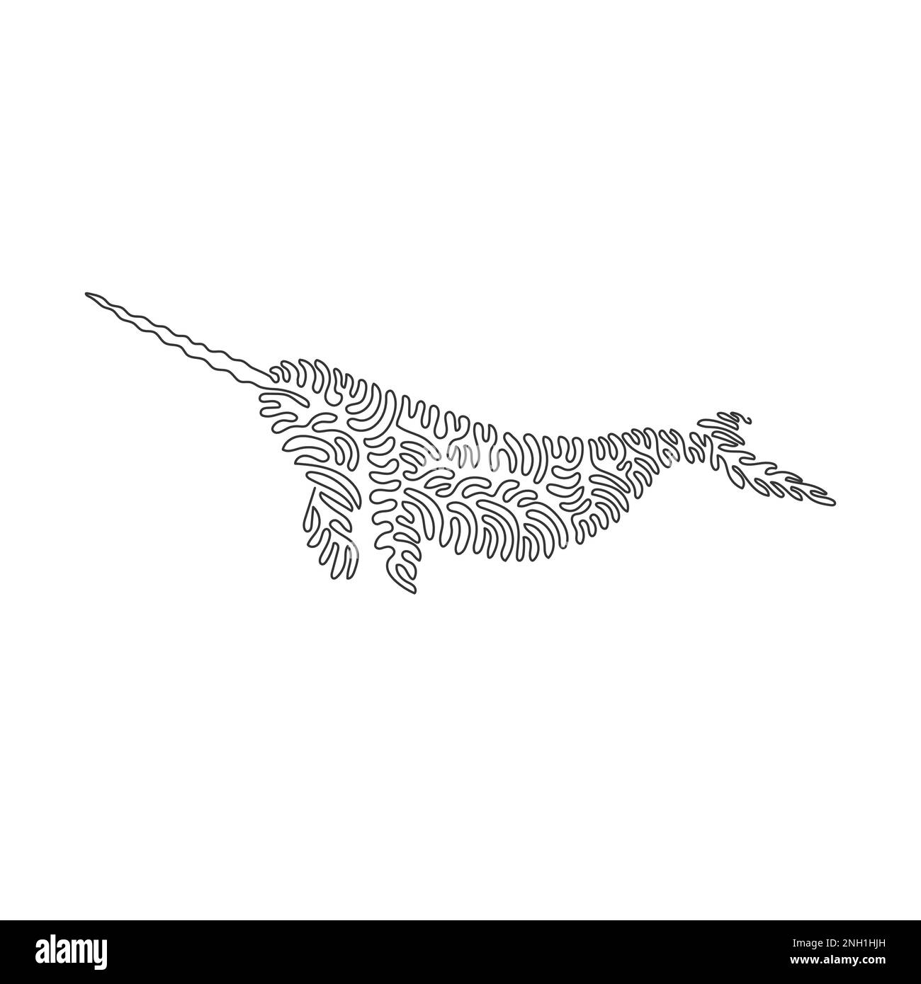 Single one curly line drawing of cute narwhal abstract art. Continuous line drawing design vector illustration of beautiful narwhal with long tusk Stock Vector