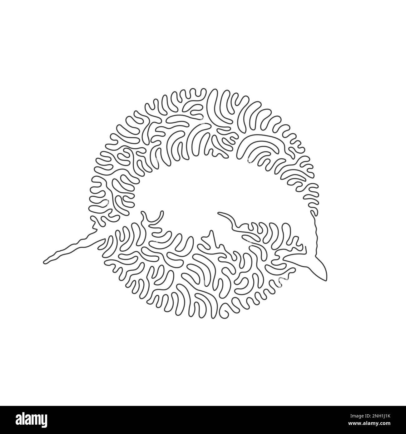 Single curly one line drawing of cute narwhal abstract art. Continuous line drawing graphic design vector illustration of horned narwhal teeth Stock Vector