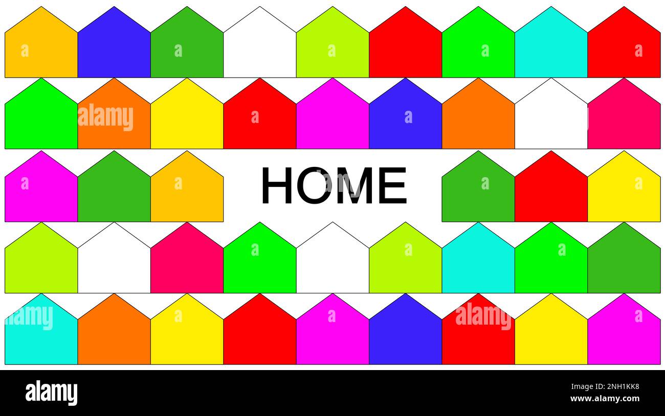 houses drawn in many colors with the word home in the center. graphic