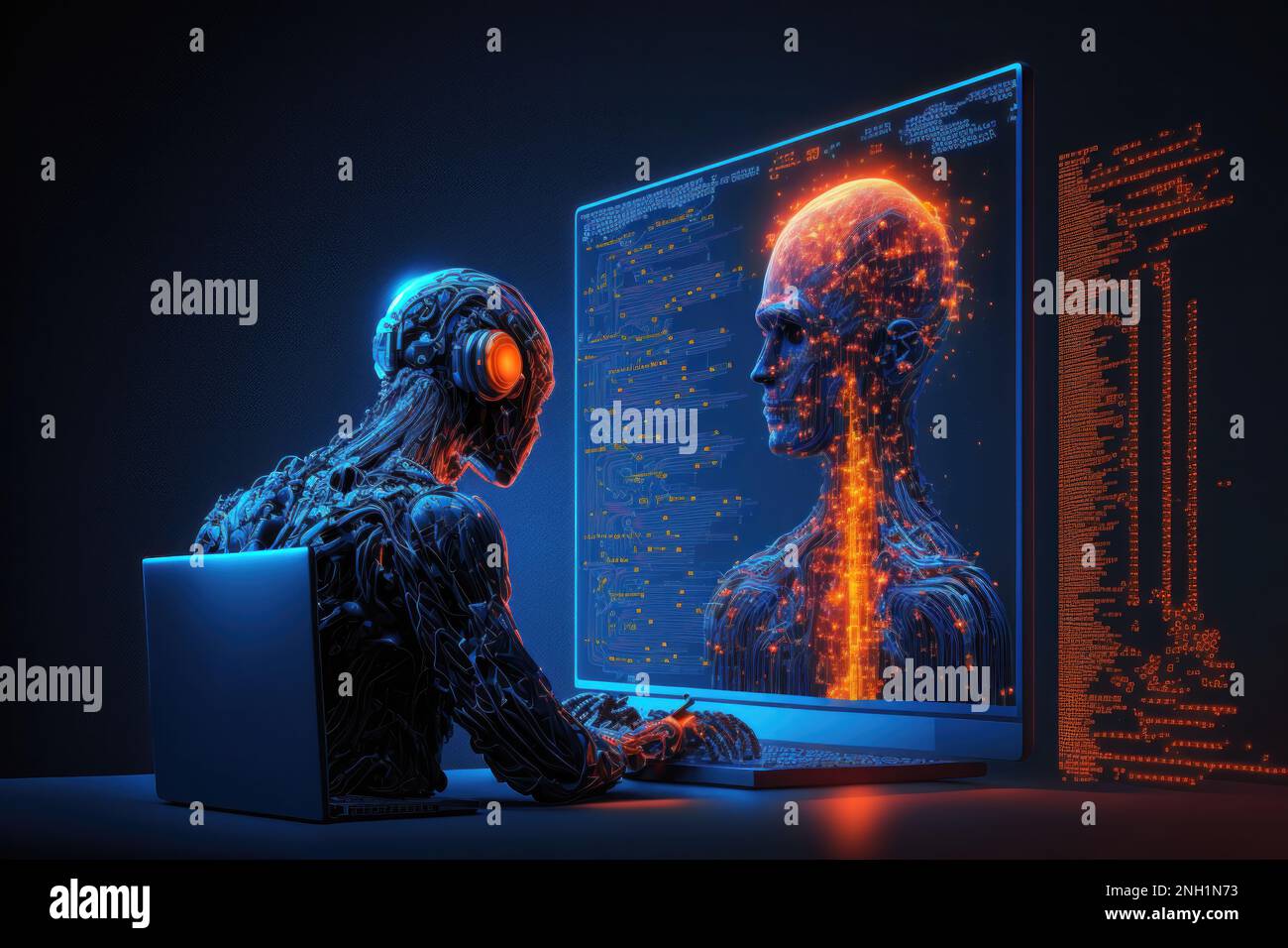 a computer programmer hard at work on a modern computer, with an AI ...