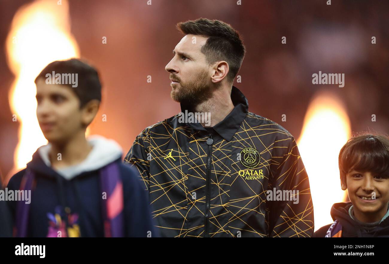 Lionel Messi looks on prior the Riyadh All-Star XI vs Paris Saint-Germain FC at King Fahd Stadium on January 19, 2023 in Riyadh, Saudi Arabia. Photo by Stringer/ Power Sport Images Stock Photo