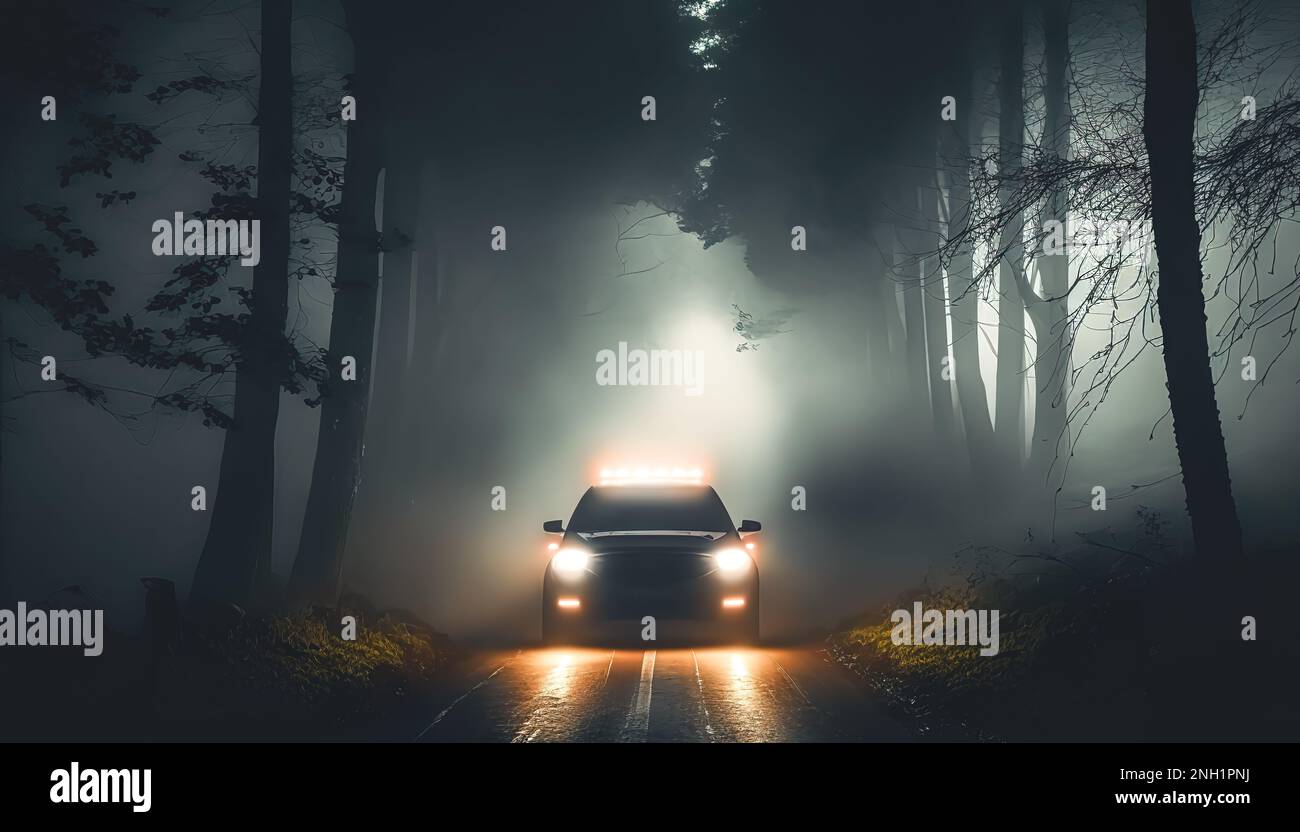 The car is driving on the road at night in the forest Stock Photo - Alamy