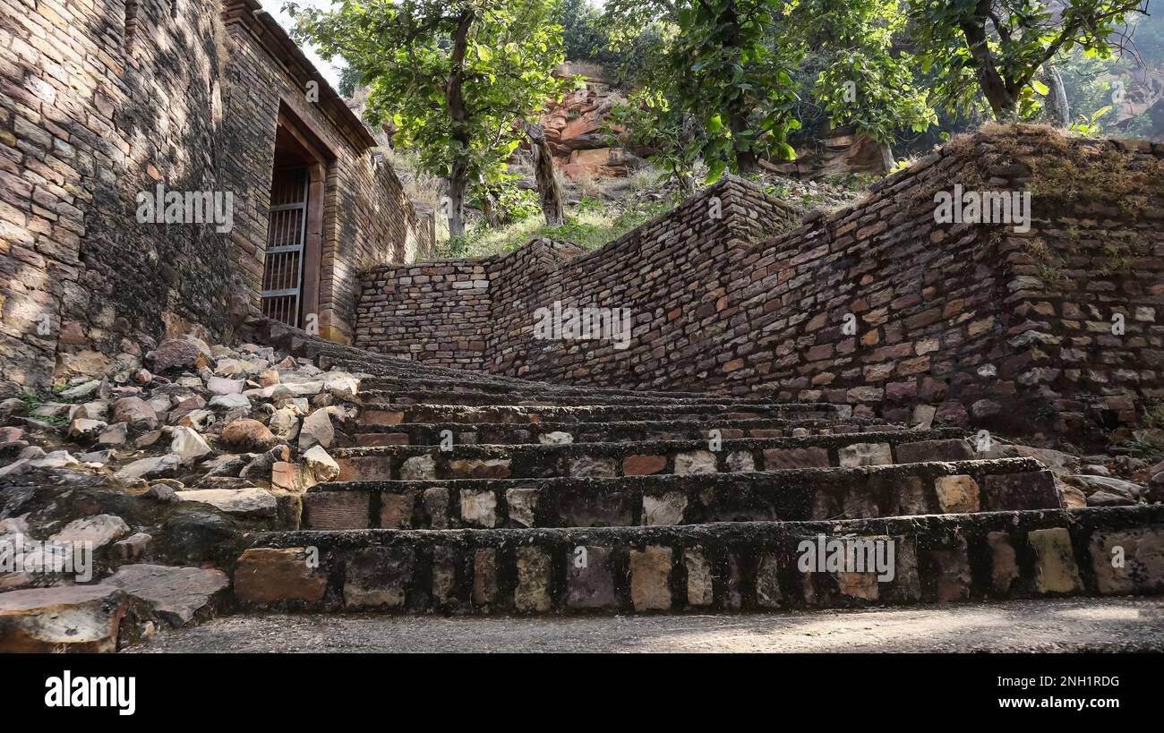 Entrance Stairs of Ajaygarh Fort, Ajaigarh was built in 1765 by Guman Singh, Panna, Madhya Pradesh, India. Stock Photo