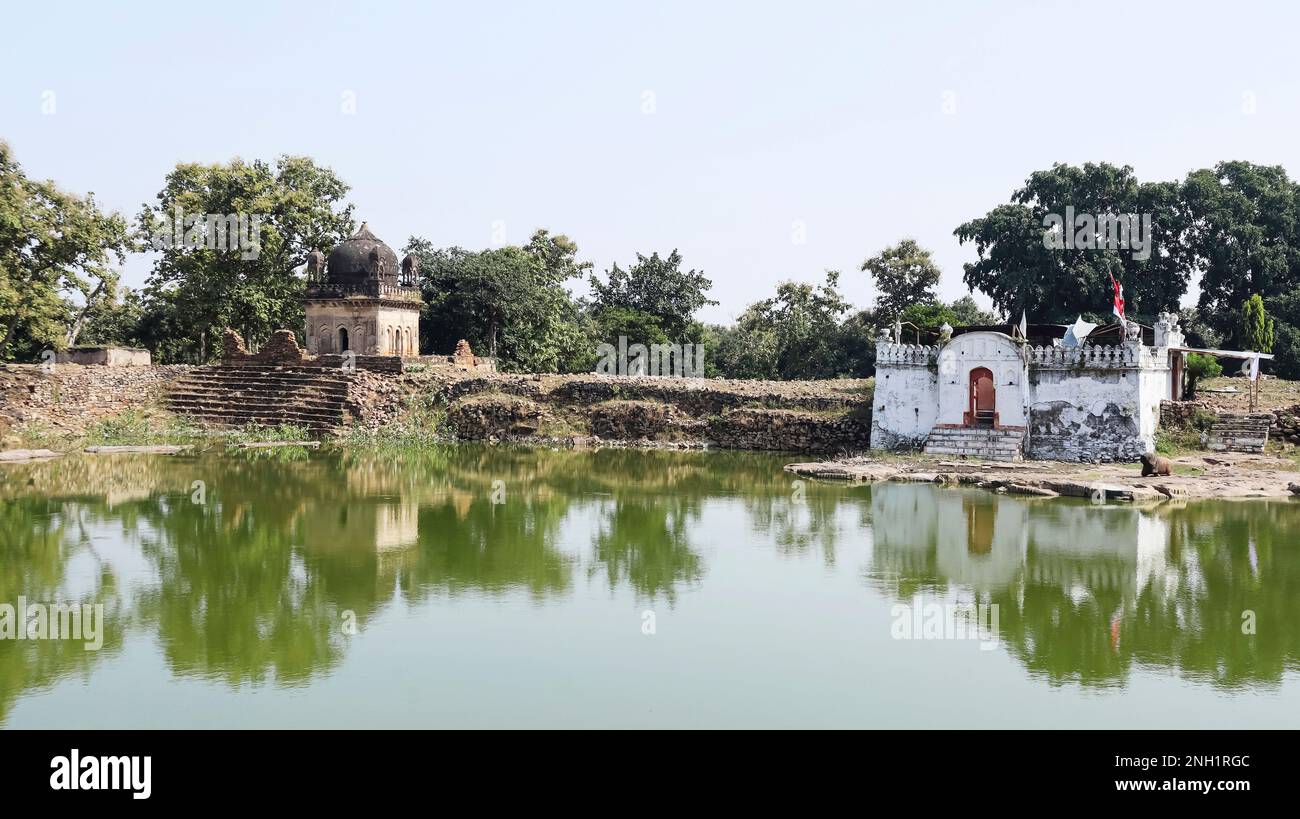 View of Kila Temple and Ajay Pal lake on the top of Ajaygarh Fort, Panna, Madhya Pradesh, India. Stock Photo
