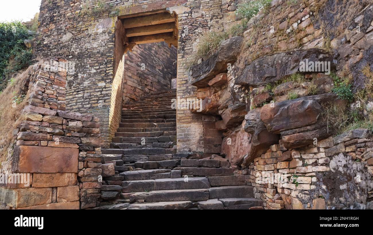 Entrance Stairs of Ajaygarh Fort, Ajaigarh was founded in 1765 by Guman Singh, Panna, Madhya Pradesh, India. Stock Photo